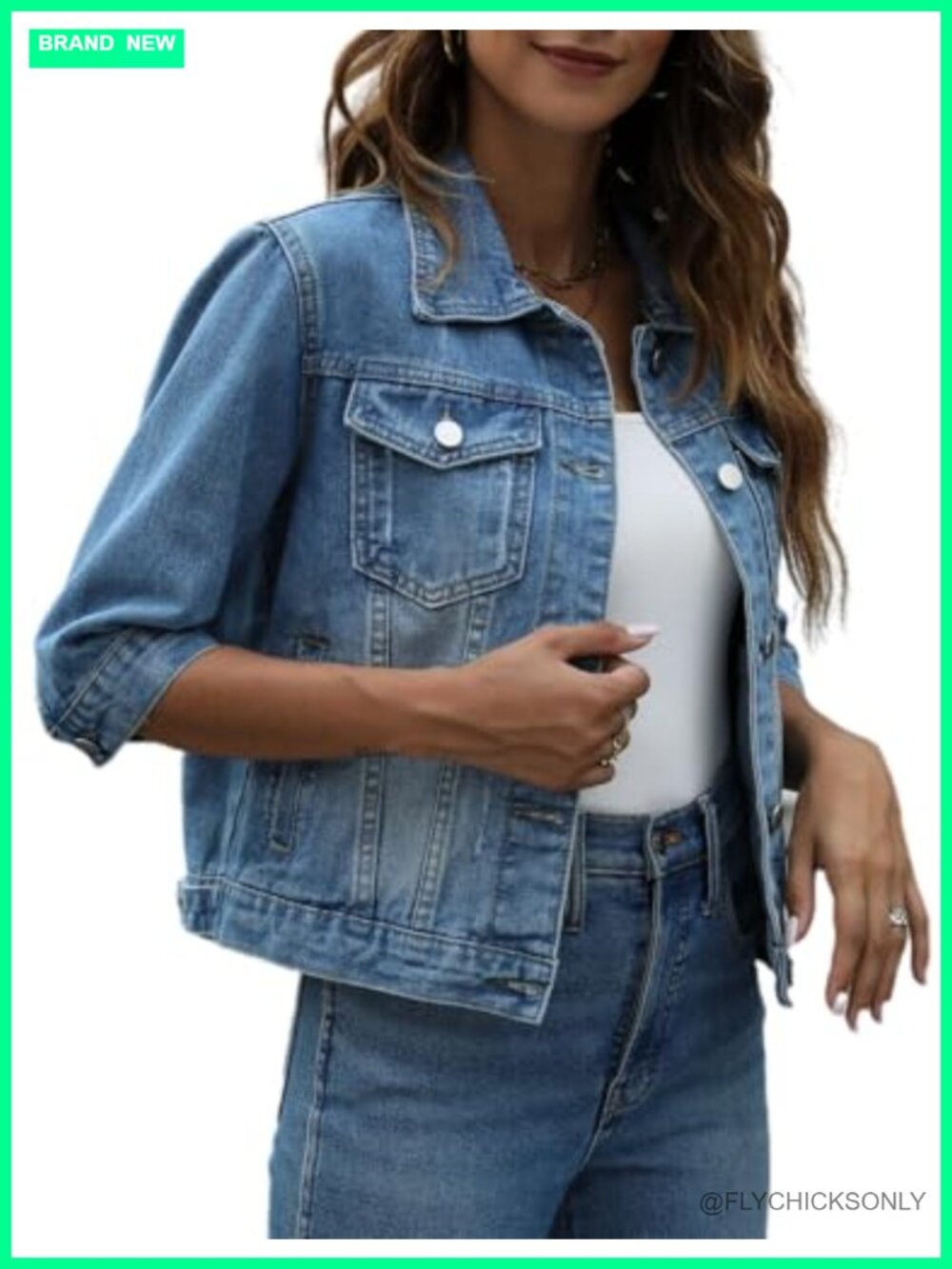 3/4 Sleeve Cropped Denim Jacket Button Down